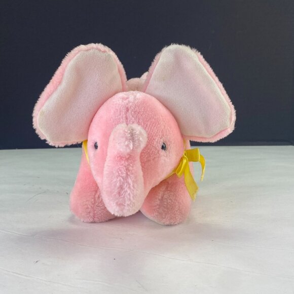 Vintage 1984 Amtoy Baby Soft Touch Plush Pink Elephant Music Box 8 Inch - Picture 1 of 10
